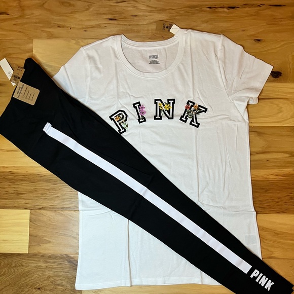 Sold*Brand new VS Pink 3pc outfit set black Sherpa hoodie cotton leggings shirt - Picture 3 of 3